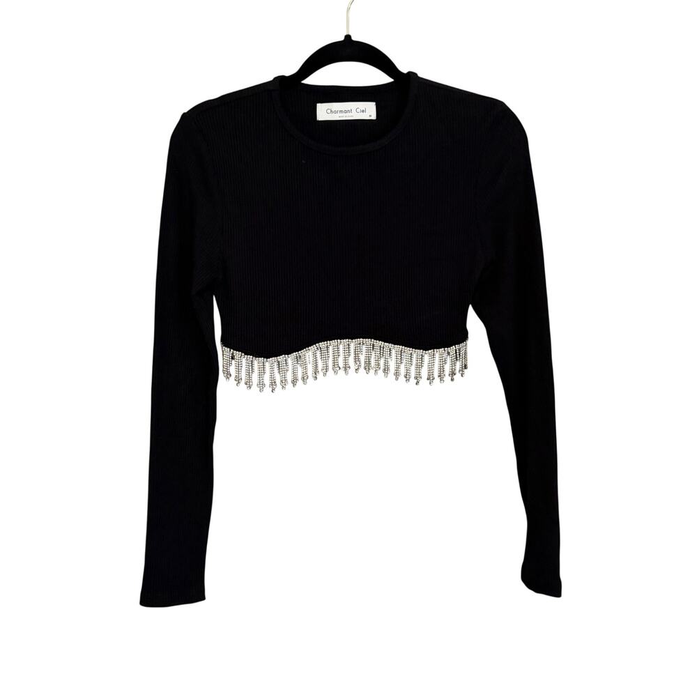 Charmant Ciel Crop Top M Black Fringe Rhinestone Clubwear Party Disco Glam Y2K